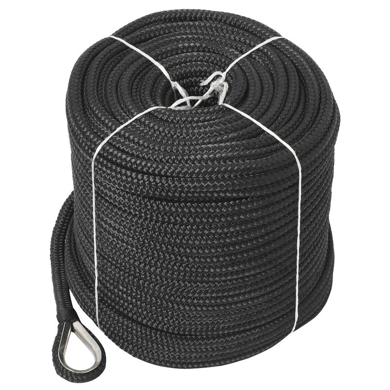 NovelBee 3/8" x 200' Double Braid Nylon Anchor Line with Stainless Steel Thimble (Black) - Image 1